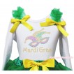 Mardi Gras White Tank Top Kelly Green Ruffles Yellow Bow & Sparkle Rhinestone Mardi Gras Clown Mask Print TB1395